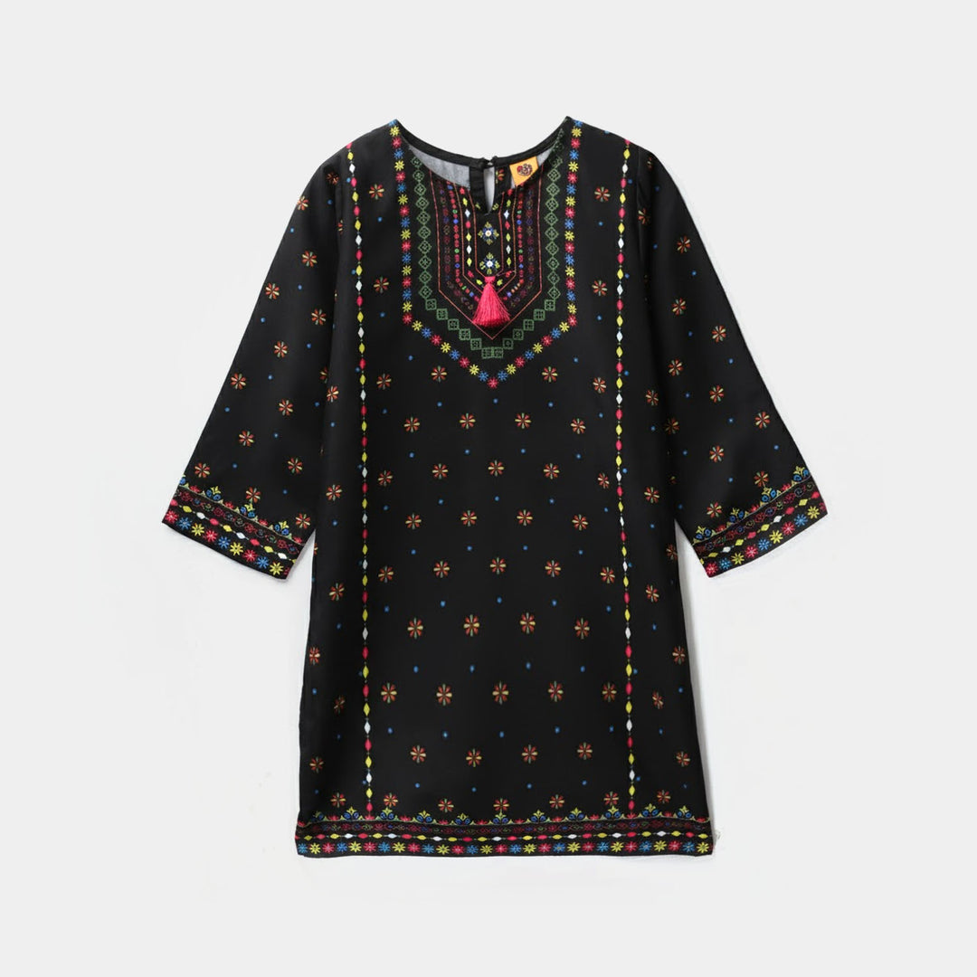 Girls Poly Satin Printed Kurti - Black