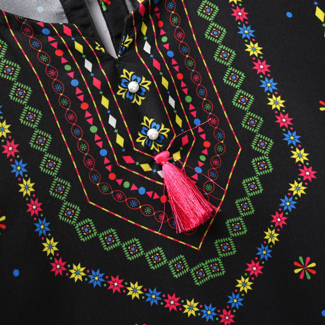 Girls Poly Satin Printed Kurti - Black