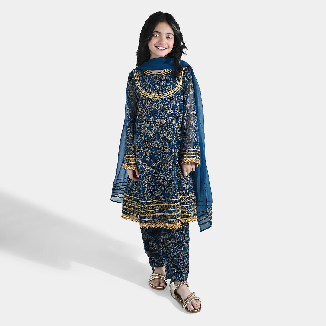 Girls Chiffon 3Pcs (Zarmeena) – Teal Green