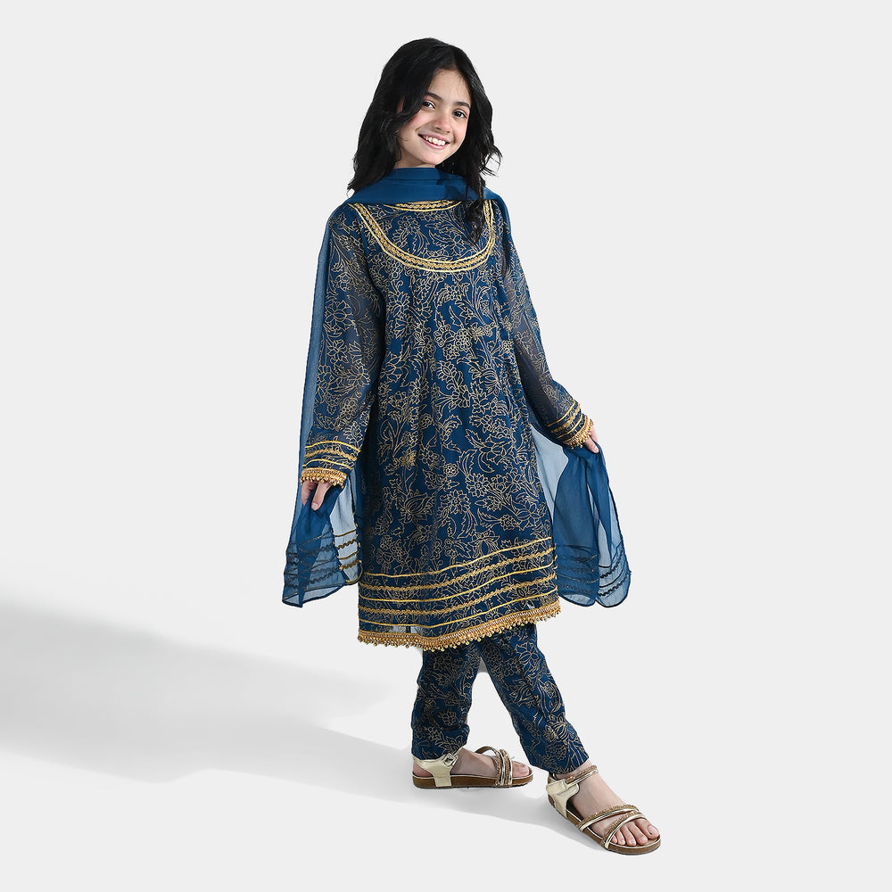 Girls Chiffon 3Pcs (Zarmeena) – Teal Green