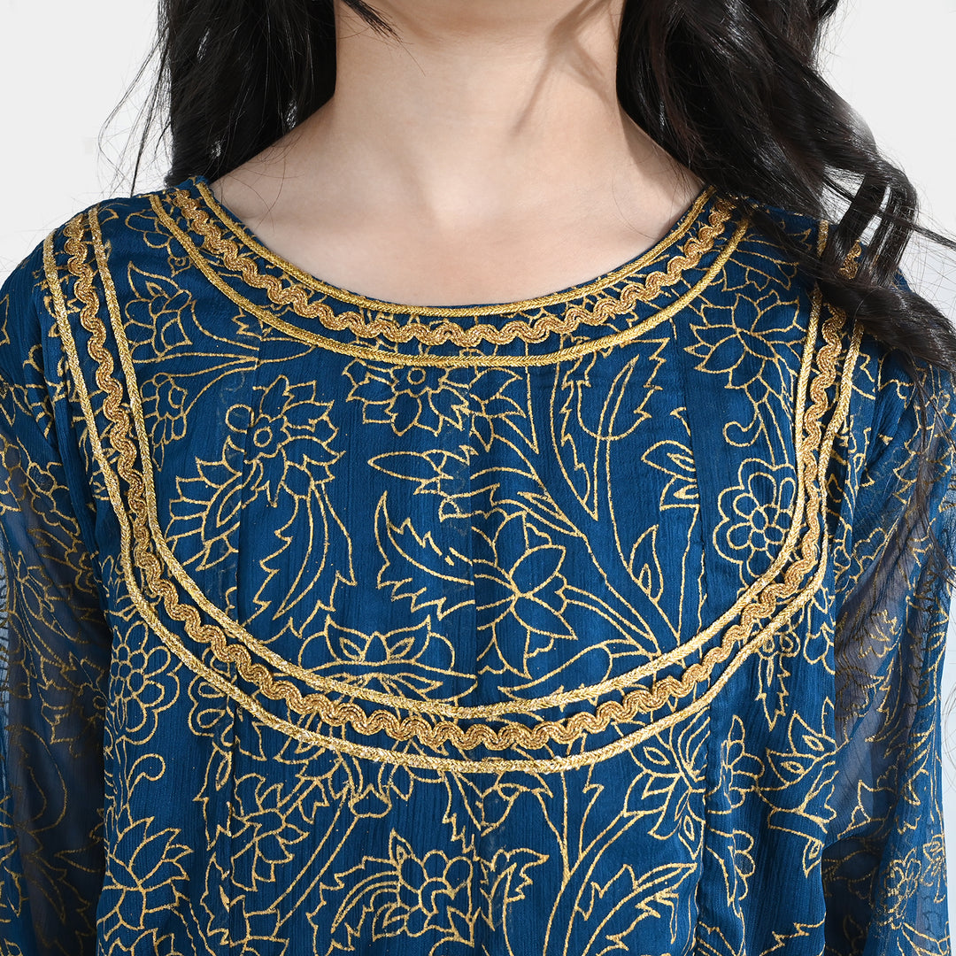 Girls Chiffon 3Pcs (Zarmeena) – Teal Green