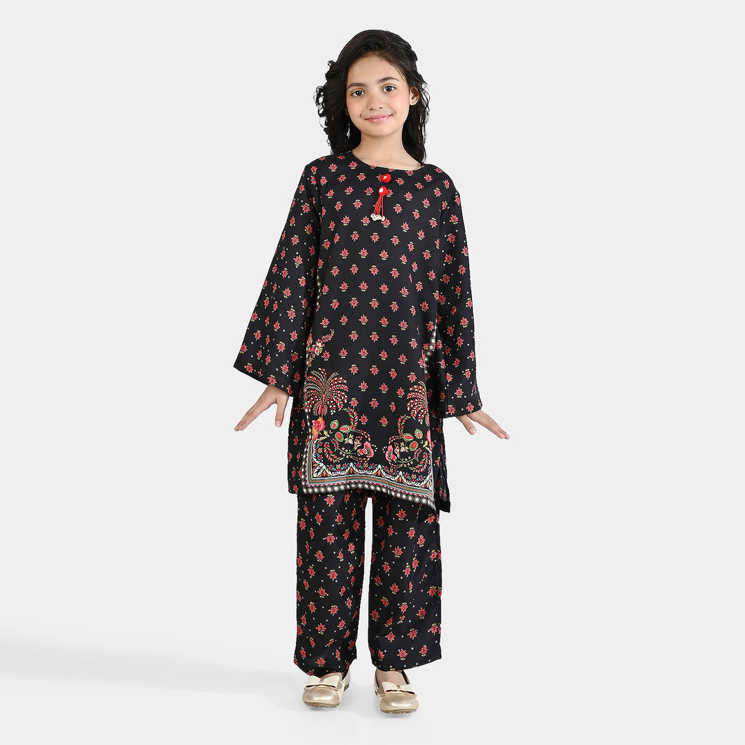 Girls Poly Mesh Printed 2Pcs - Black
