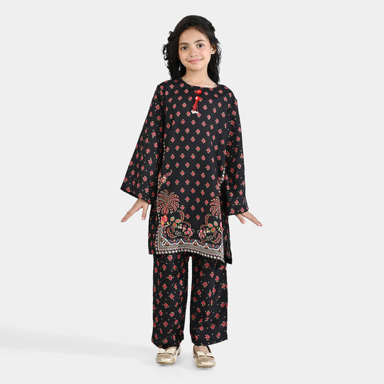 Girls Poly Mesh Printed 2Pcs - Black