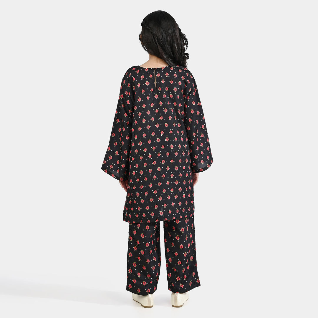 Girls Poly Mesh Printed 2Pcs - Black