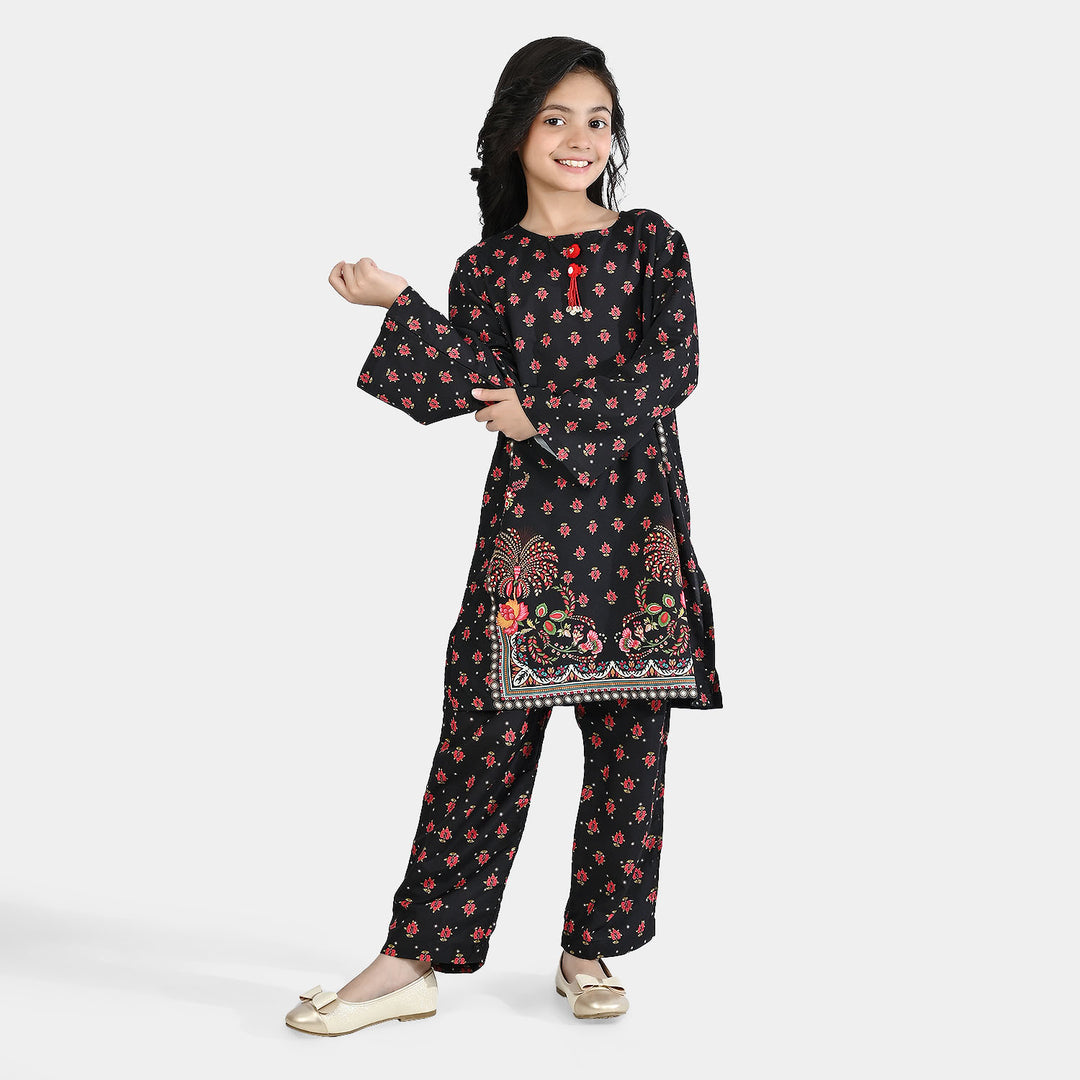 Girls Poly Mesh Printed 2Pcs - Black