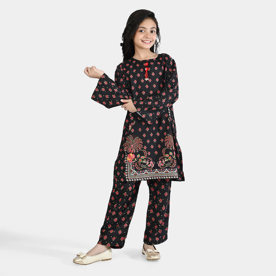 Girls Poly Mesh Printed 2Pcs - Black
