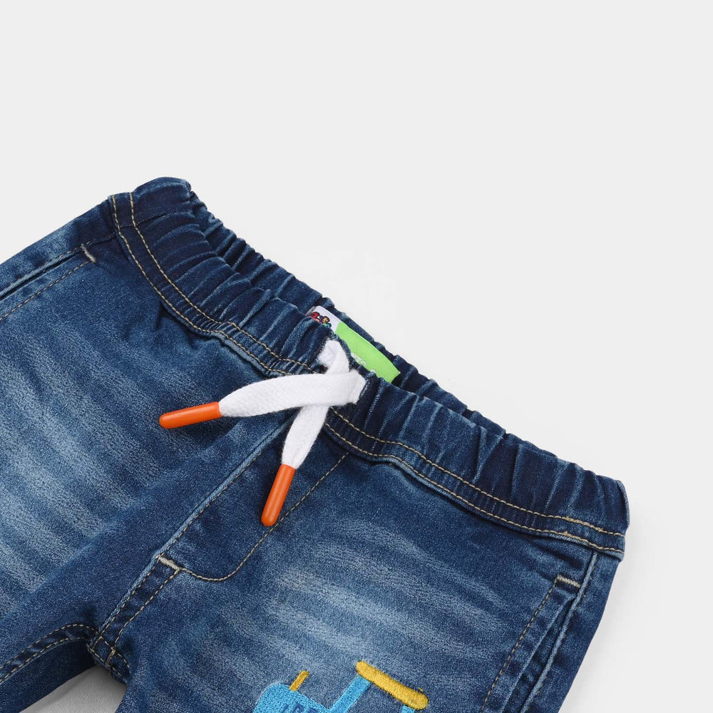 Infant Boys Denim Viscose Pants (Car Embroidered Truck) - Mid Blue