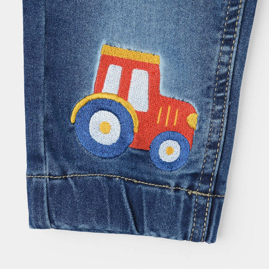 Infant Boys Denim Viscose Pants (Car Embroidered Truck) - Mid Blue