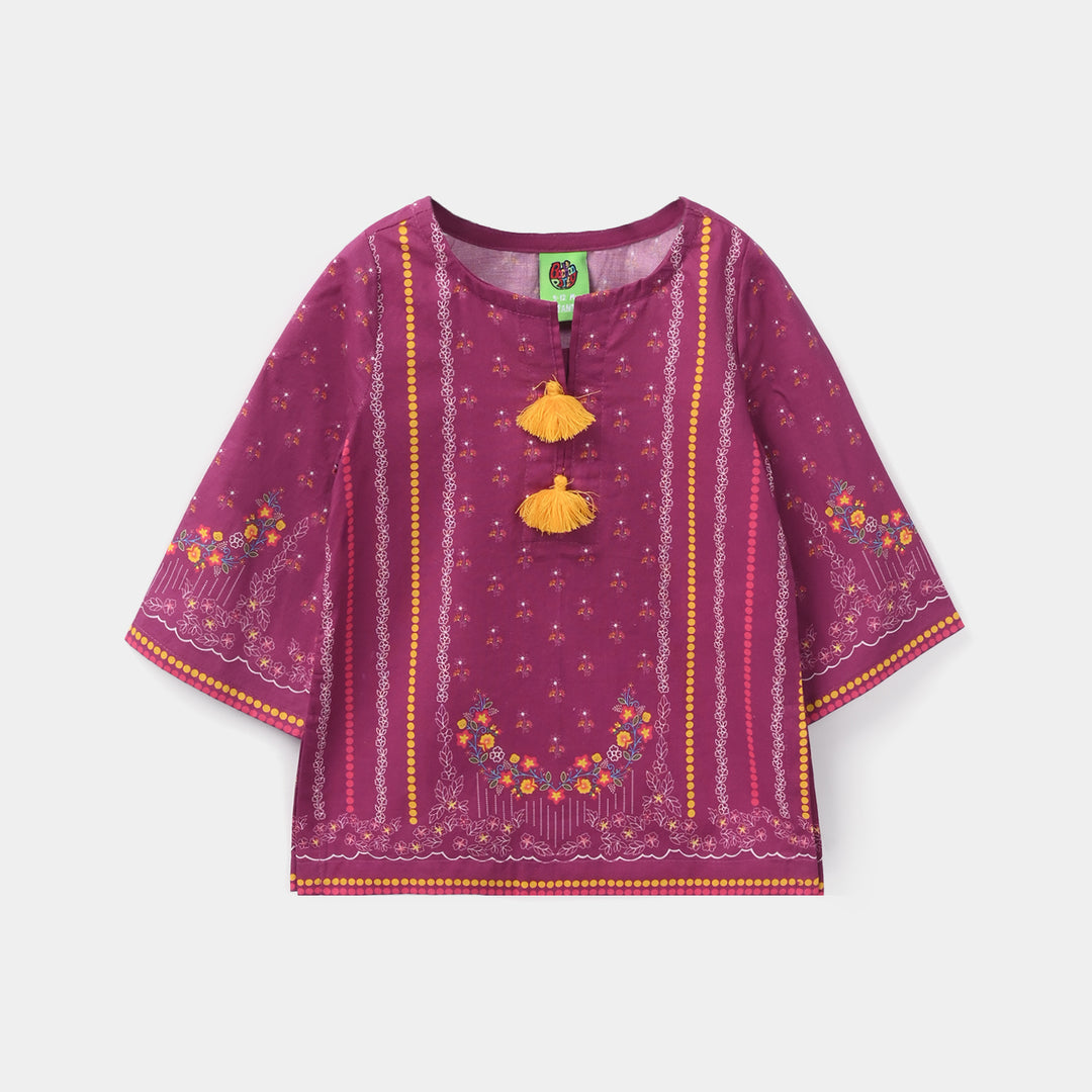 Infant Girls Cotton Poplin Printed Kurti - Plum/Purple