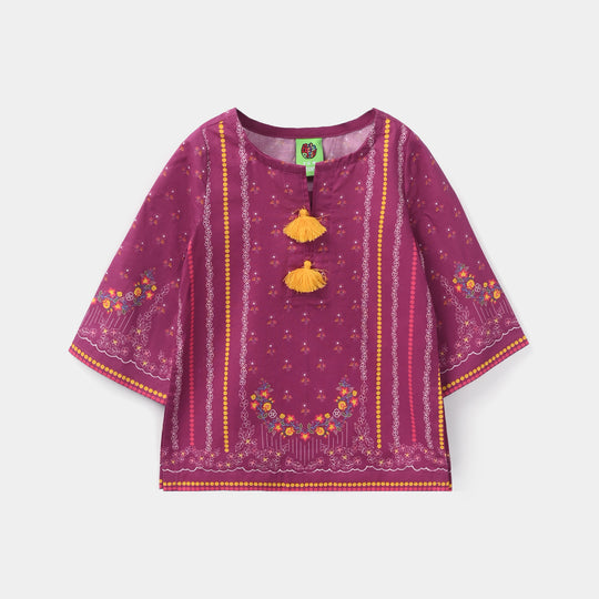 Infant Girls Cotton Poplin Printed Kurti - Plum/Purple