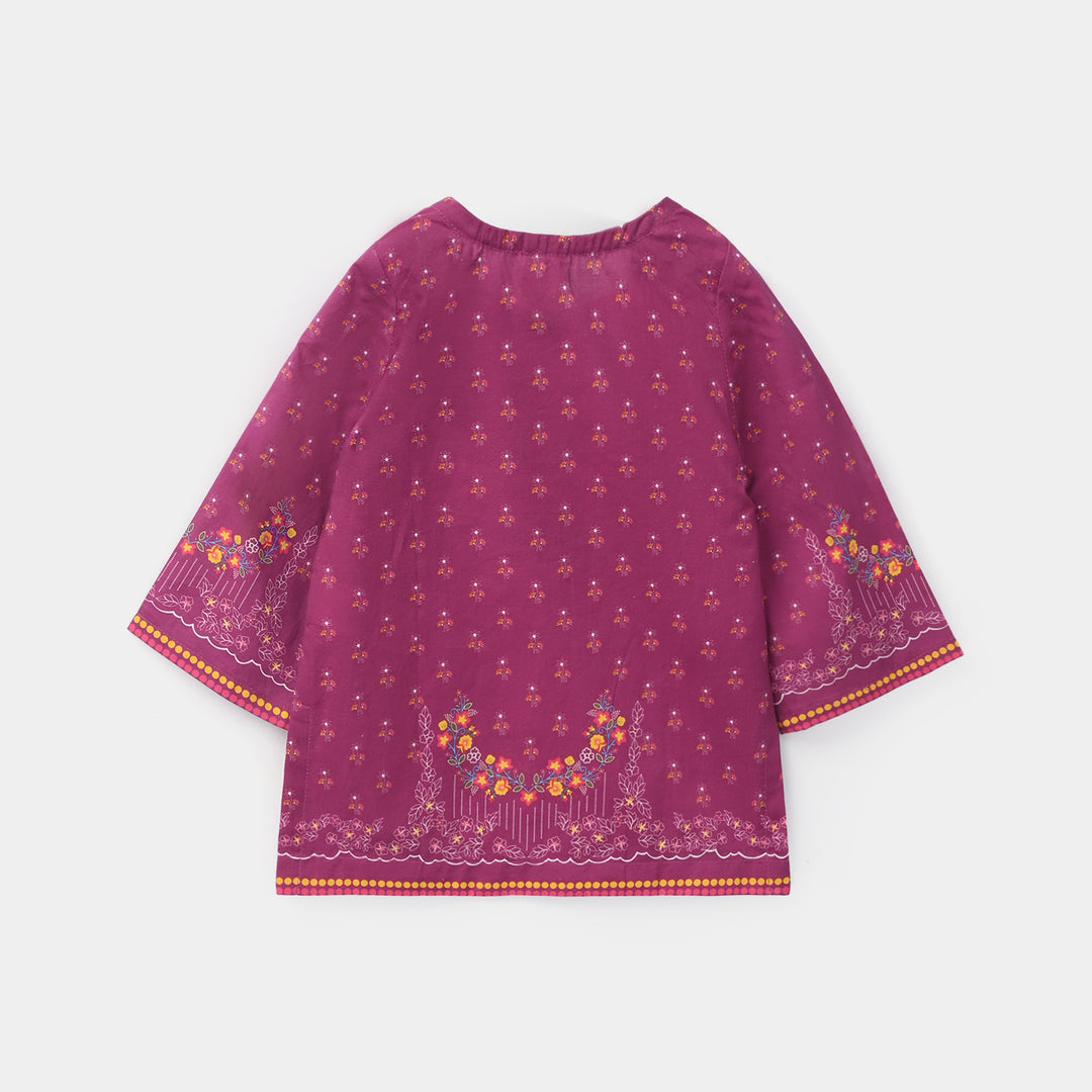 Infant Girls Cotton Poplin Printed Kurti - Plum/Purple