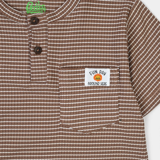 Infant Boys Yarn Dyed Knitted Romper (Fun Day) - Brown