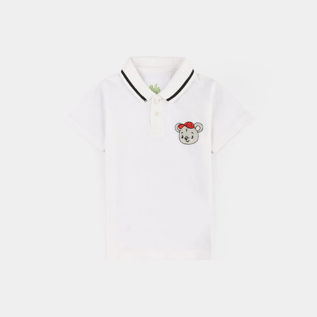 Infant Boys Jumbo Pique Polo (Teddy Bear) - White