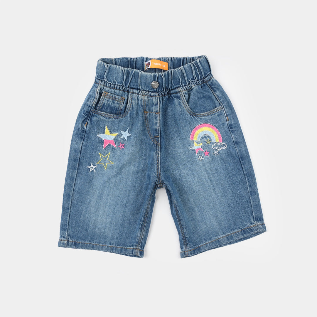 Girls Denim Rigid Shorts (Star) - Mid Blue