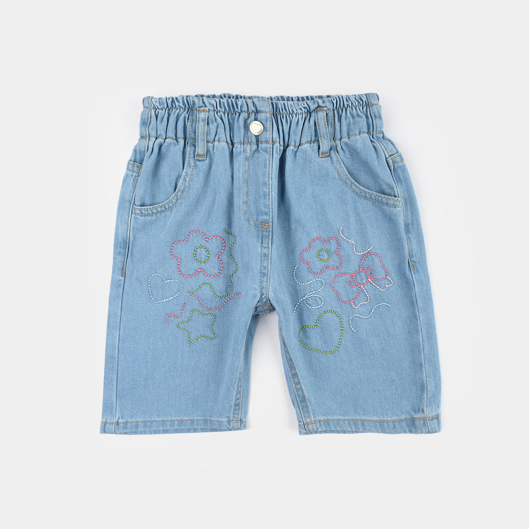 Girls Denim Rigid Shorts (Embroidered Flower) - Blue