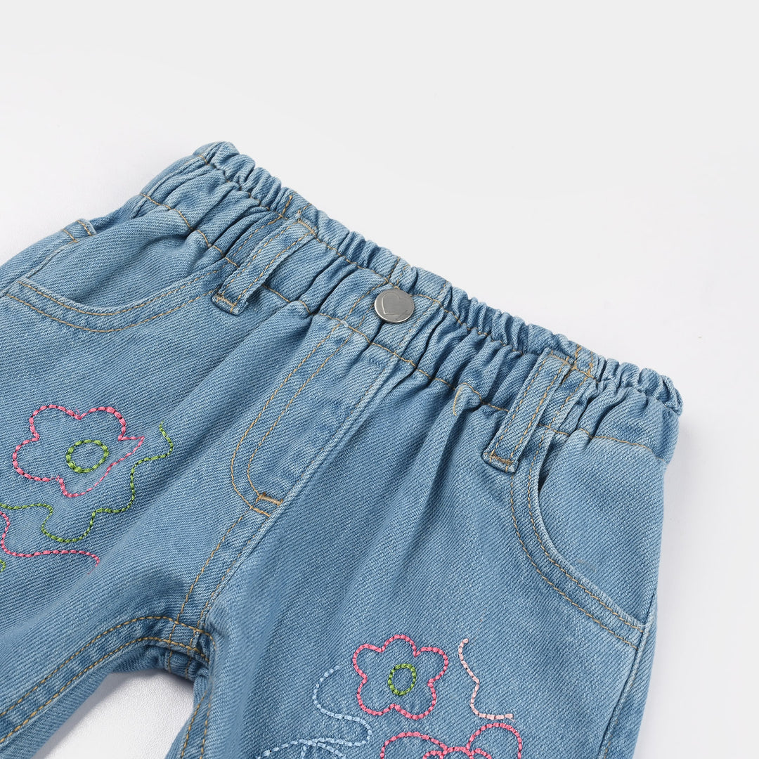 Infant Girls Denim Rigid Shorts (Embroidered Flower) - Dark Blue