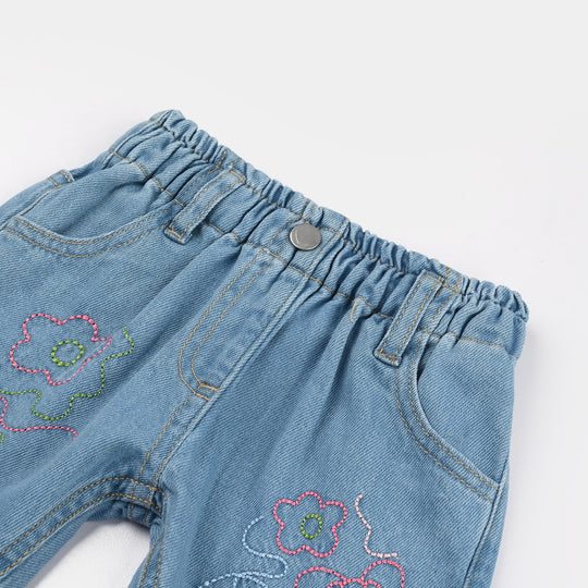Infant Girls Denim Rigid Shorts (Embroidered Flower) - Dark Blue
