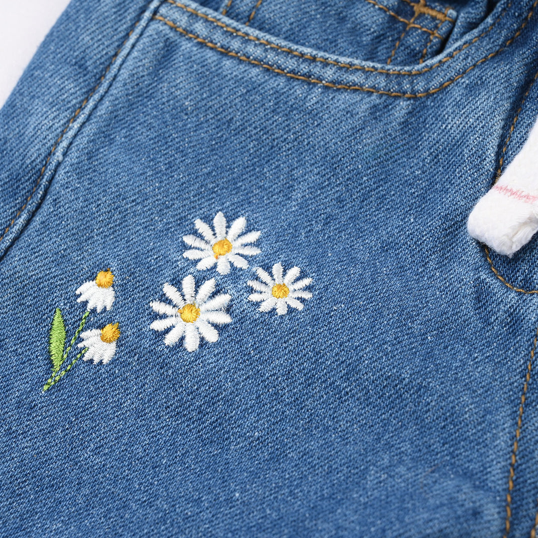 Infant Girls Denim Rigid Shorts (Flowers) - Mid Blue