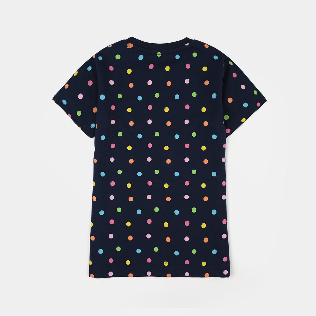 Girls PC Jersey Night Suit (Polka Dots) - Navy Blue