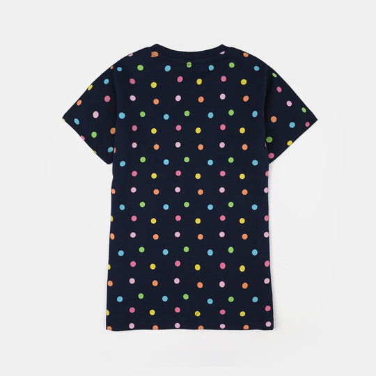 Girls PC Jersey Night Suit (Polka Dots) - Navy Blue