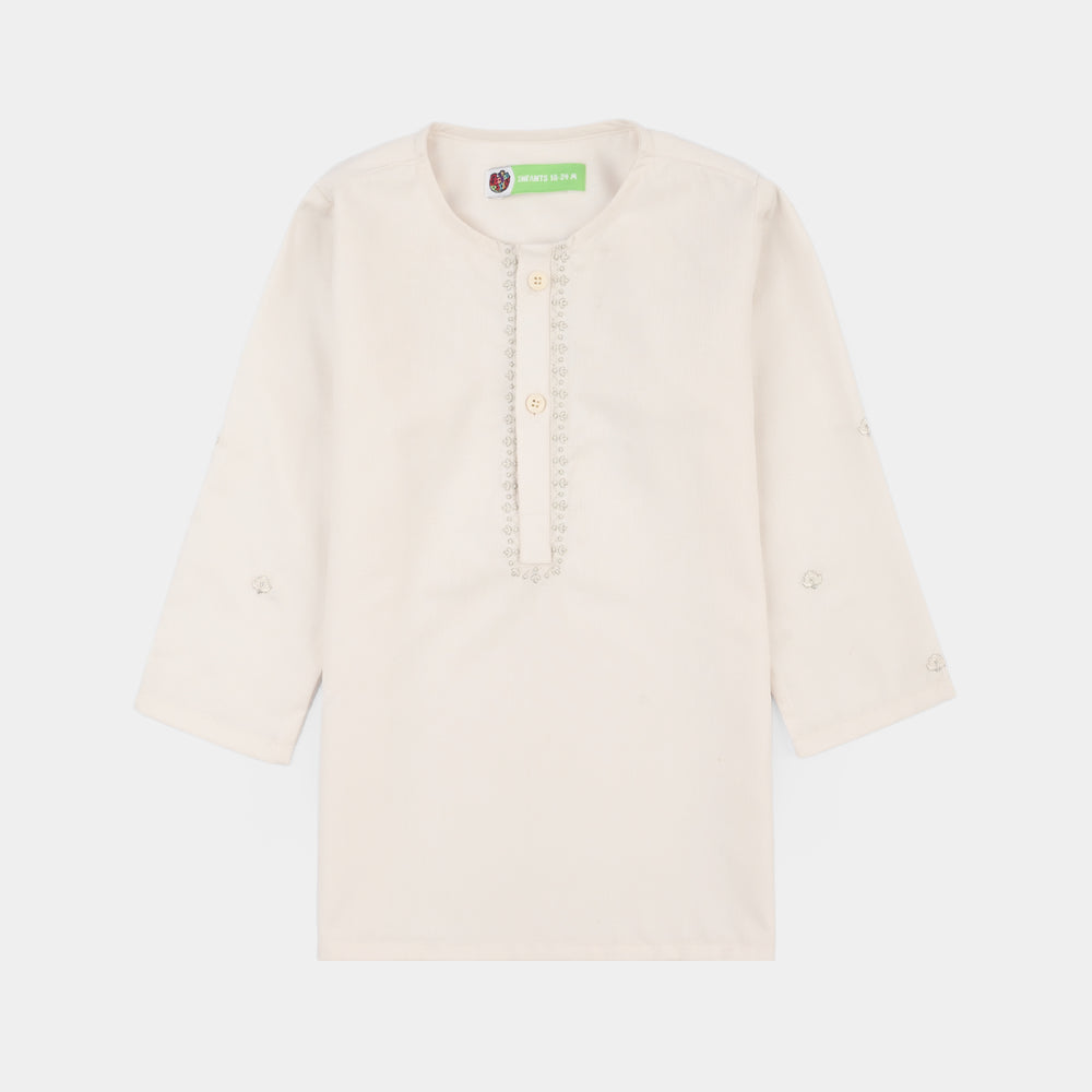 Infant Boys Poly Viscose Kurta Pajama (Flora Motif) - Off White