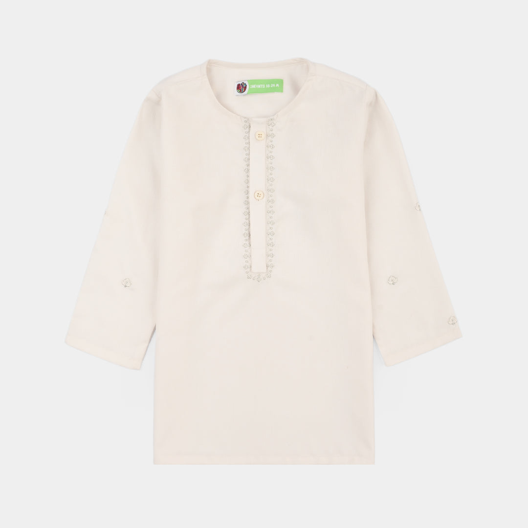 Infant Boys Poly Viscose Kurta Pajama (Flora Motif) - Off White