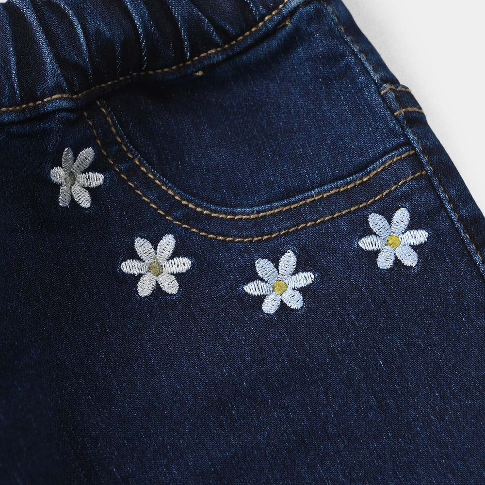 Girls Denim Stretch Jegging (Flower) - Dark Blue