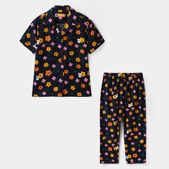 Girls Floral Print Viscose Nightwear Suit – Navy