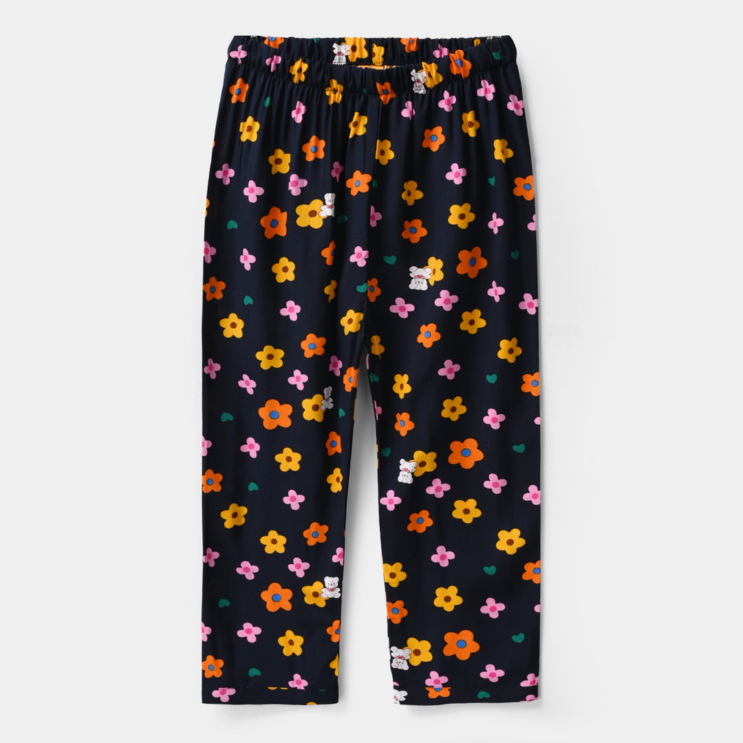 Girls Floral Print Viscose Nightwear Suit – Navy