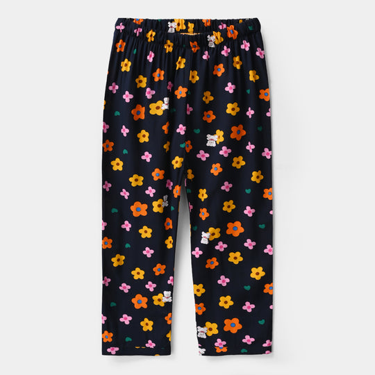 Girls Floral Print Viscose Nightwear Suit – Navy