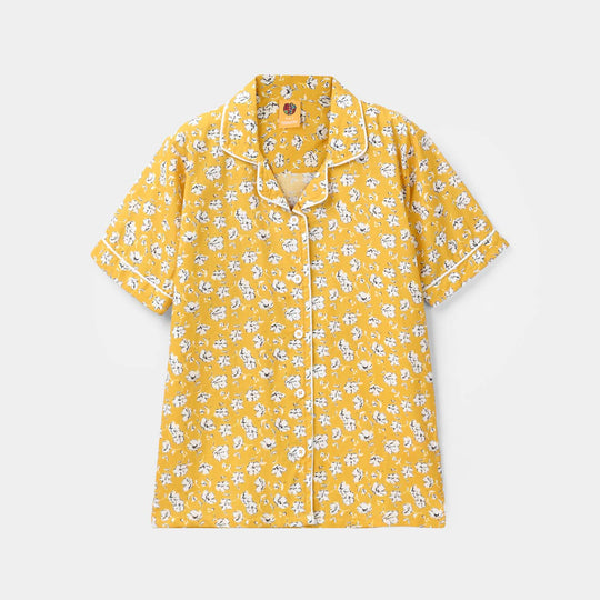 Girls Cotton Nightwear White Floral - Mustard
