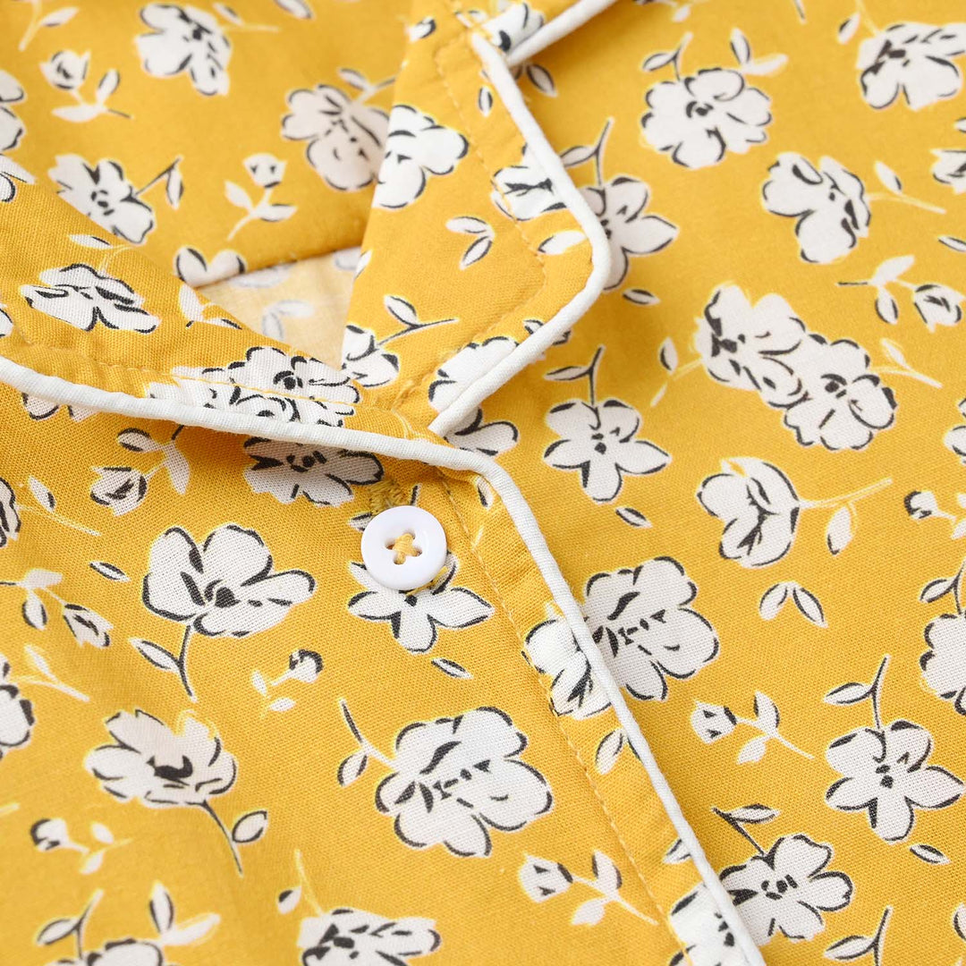 Girls Cotton Nightwear White Floral - Mustard