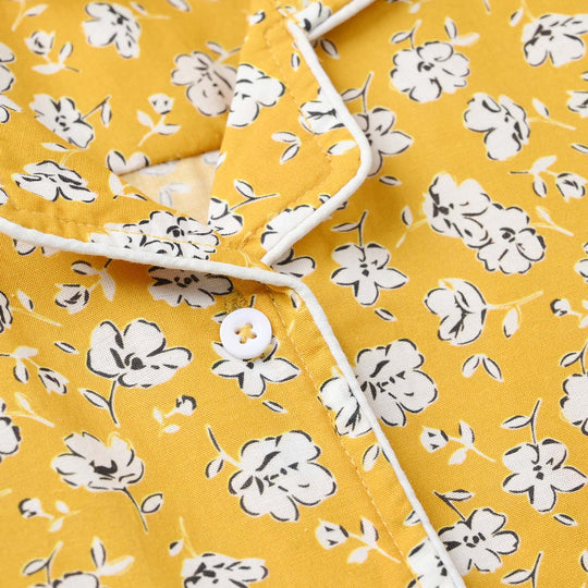 Girls Cotton Nightwear White Floral - Mustard