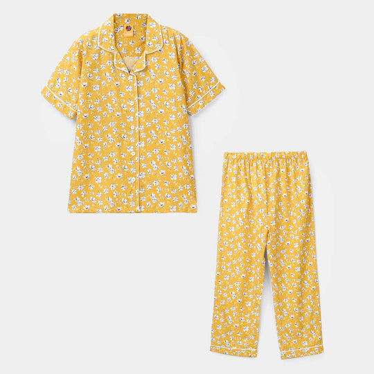 Girls Cotton Nightwear White Floral - Mustard