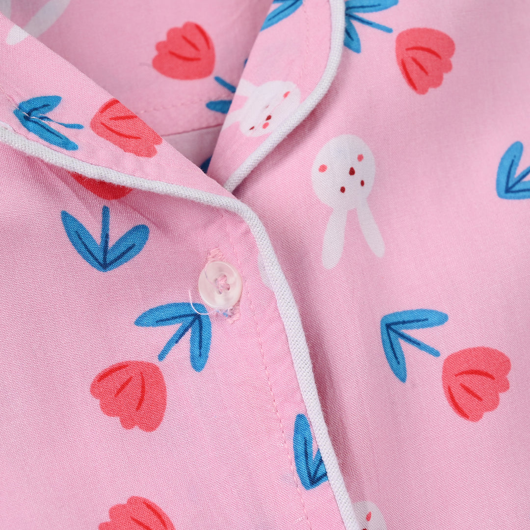 Girls Viscose Nightwear (Rabbit & Flower) - Pink