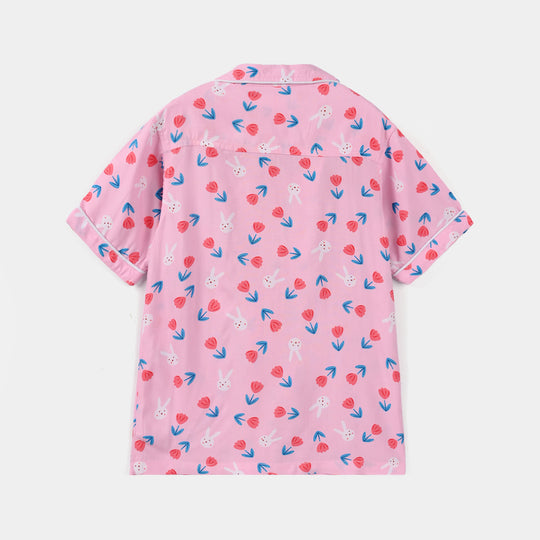 Girls Viscose Nightwear (Rabbit & Flower) - Pink