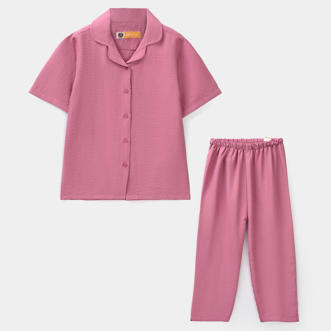 Girls Viscose Woven Basic Night Suit – Pink