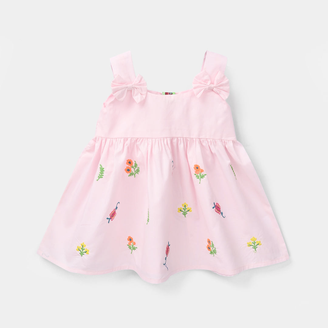 Infant Girls Cotton Embroidered Kurti (Butterfly) - Baby Pink