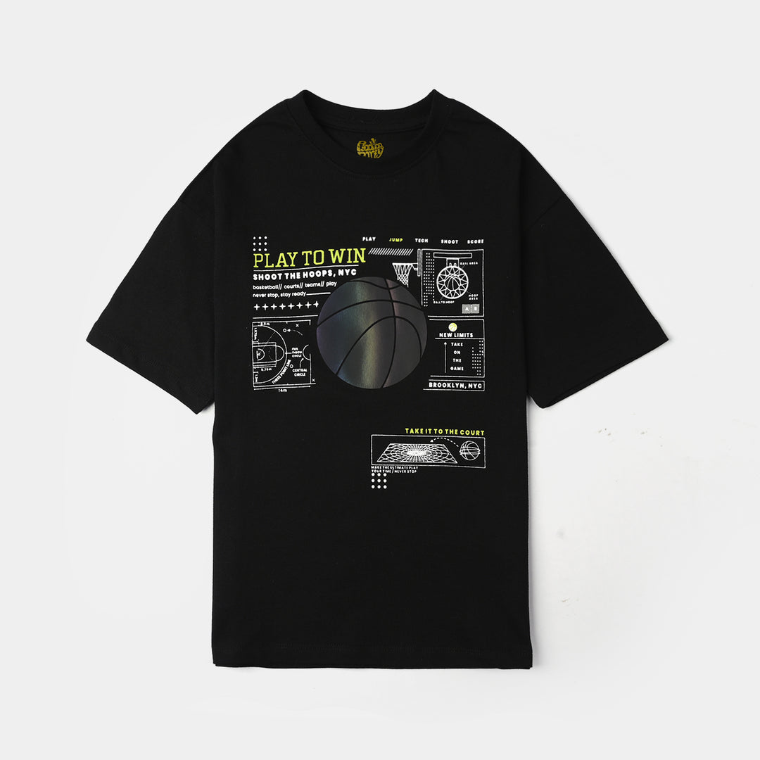 Boys Cotton Jersey T-Shirt (PLAY TO WIN) - Jet Black