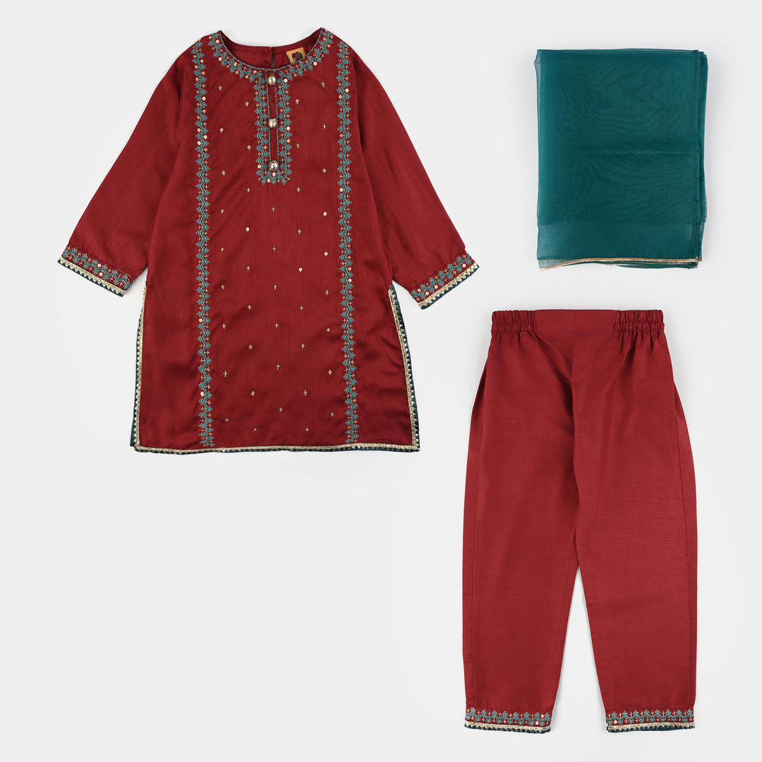 Girls Raw Silk 3Pcs Naqsh-Red