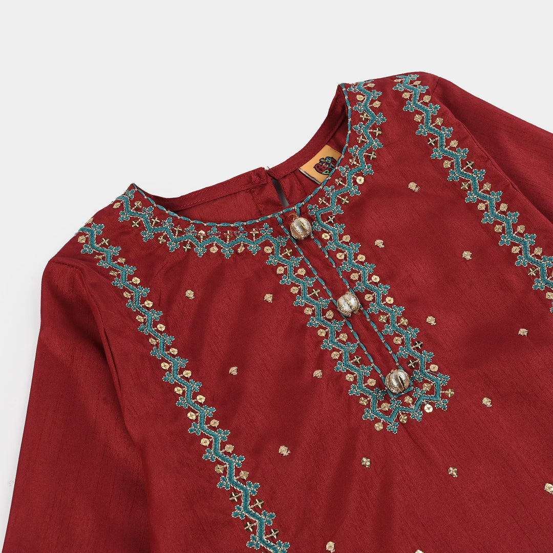 Girls Raw Silk 3Pcs Naqsh-Red