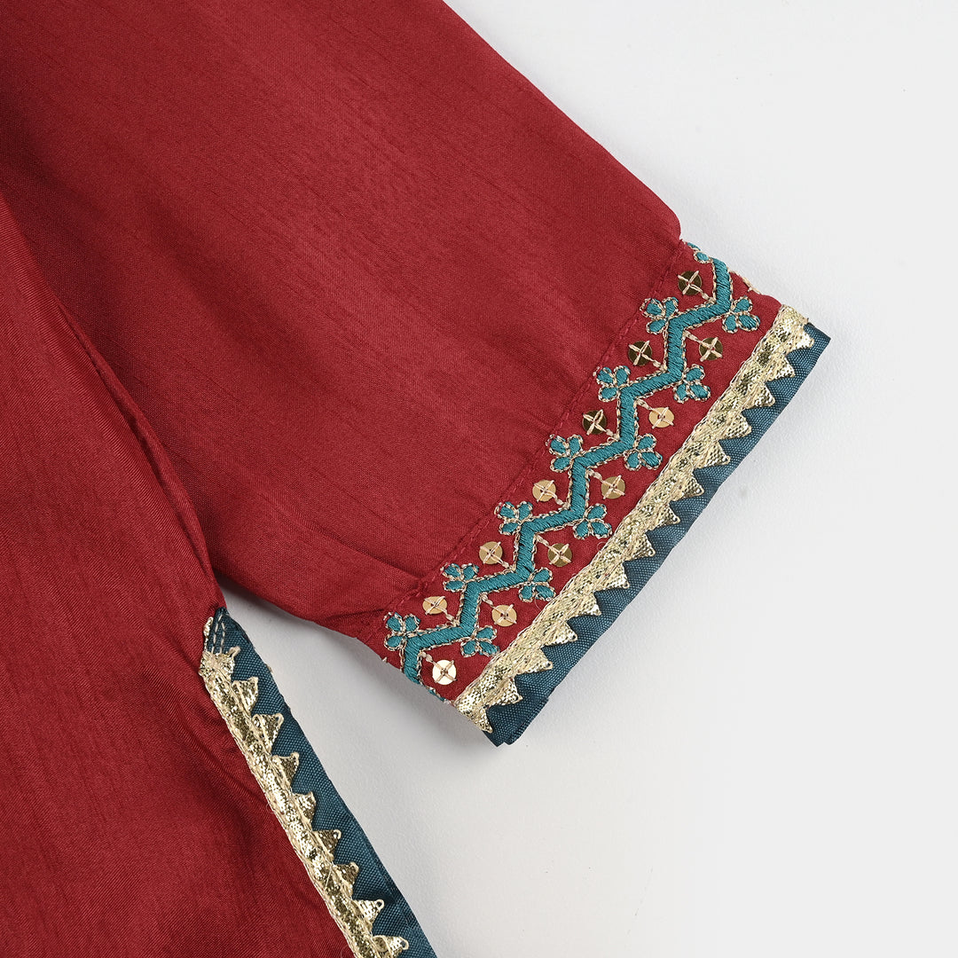 Girls Raw Silk 3Pcs Naqsh-Red