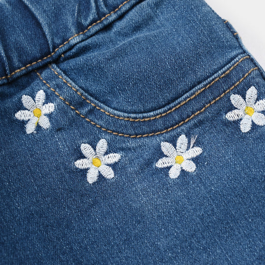 Girls Denim Stretch Jeggings (Flower) - Mid Blue