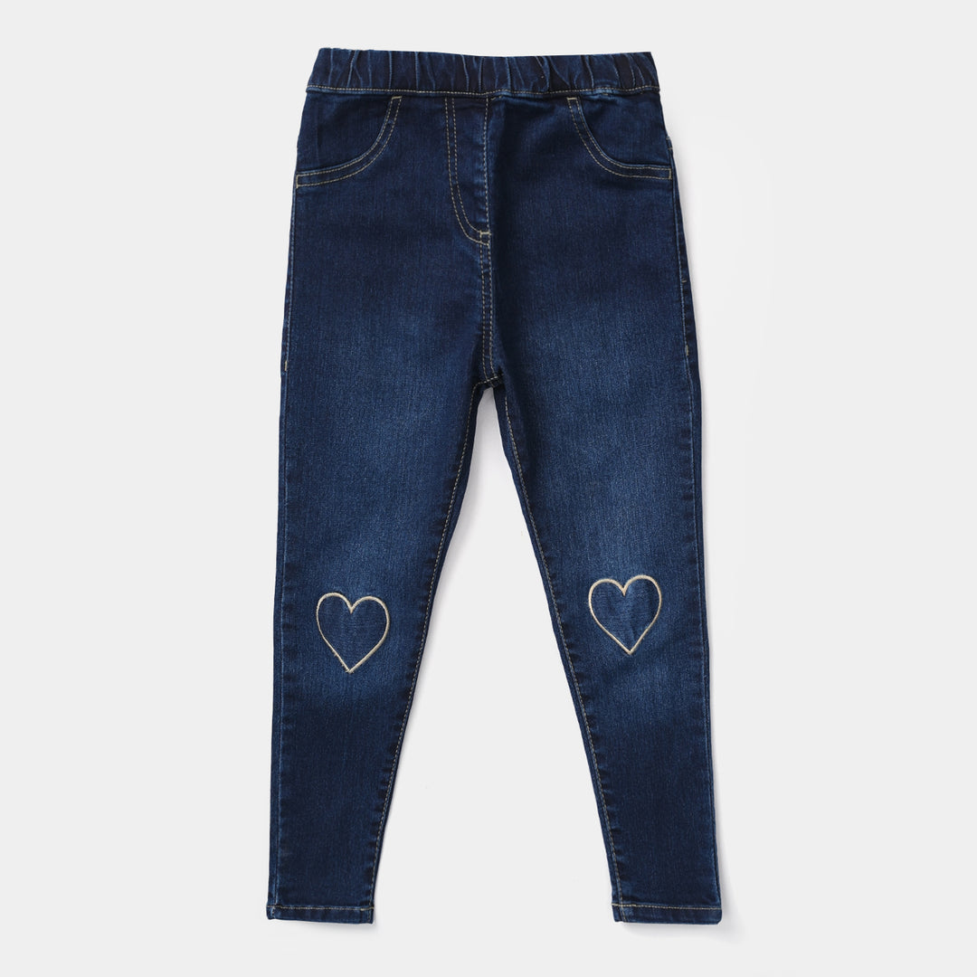 Girls Denim Stretch Jeggings (HEART PATCH) - Dark Blue