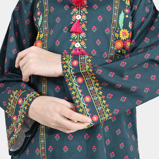 Girls Cotton Printed Kurti Eira - Teal Blue