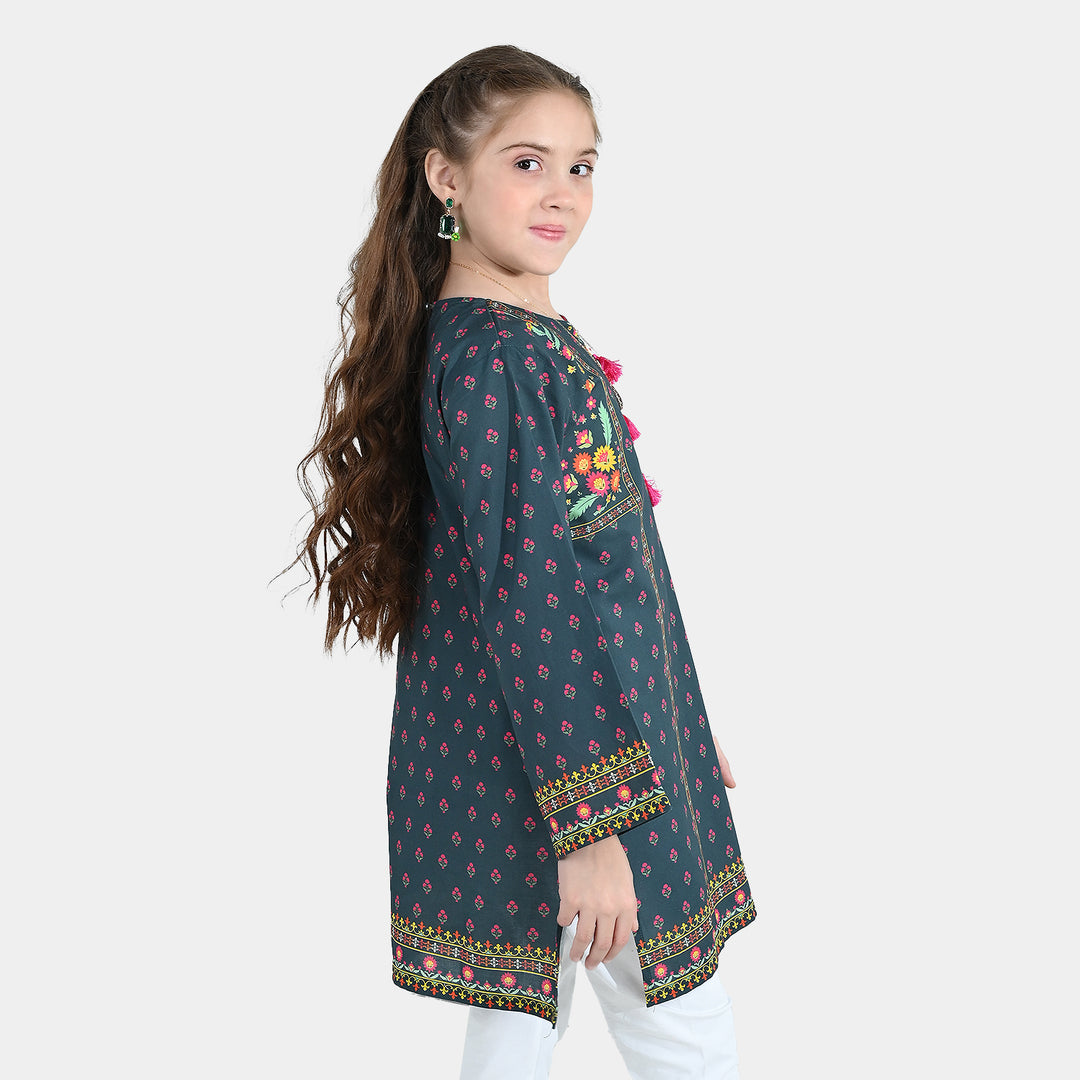 Girls Cotton Printed Kurti Eira - Teal Blue
