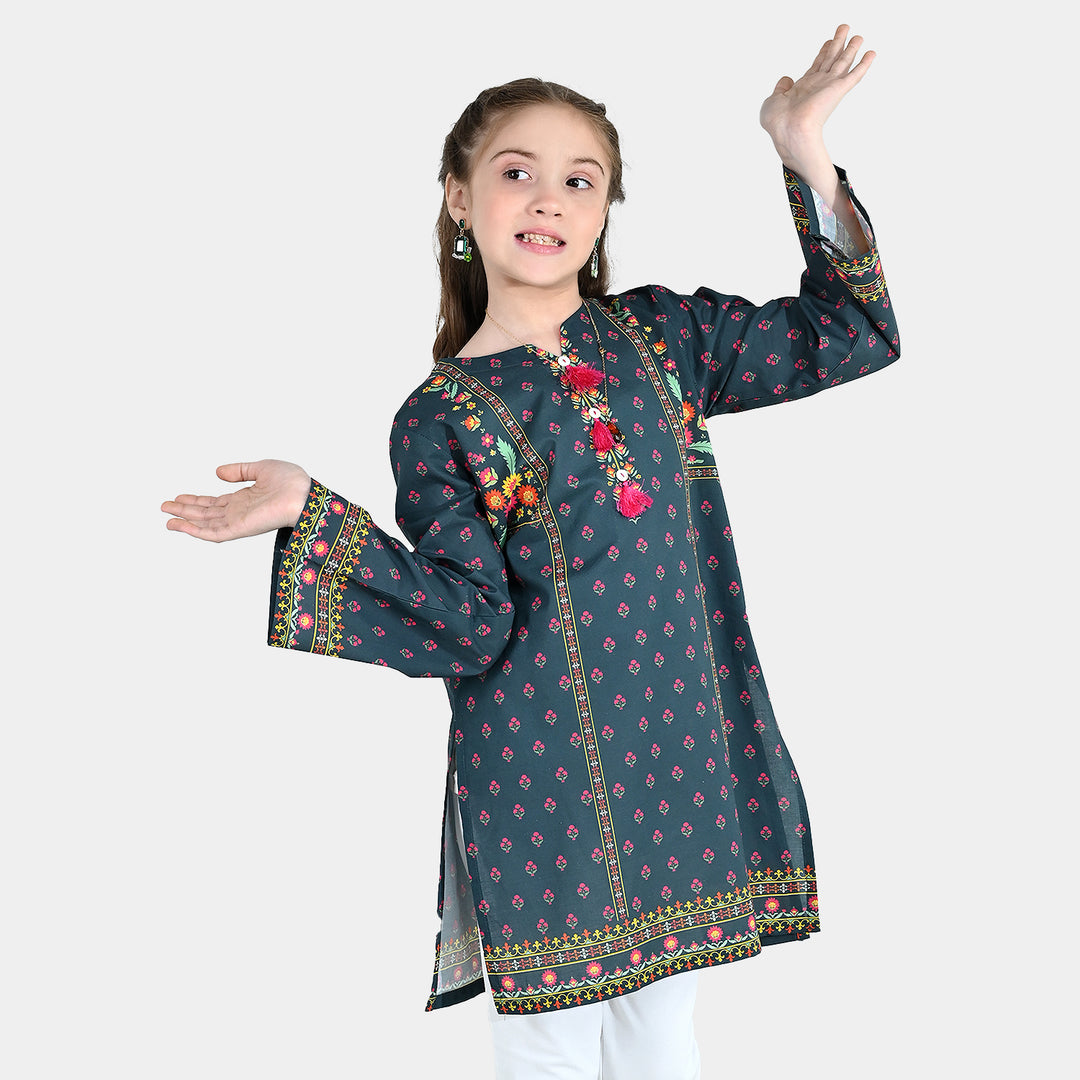 Girls Cotton Printed Kurti Eira - Teal Blue