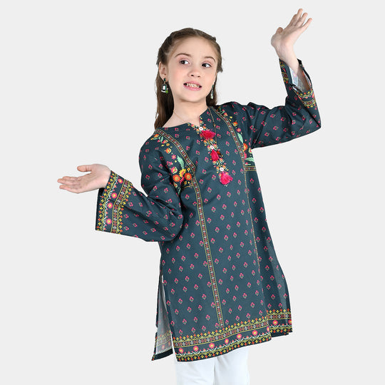 Girls Cotton Printed Kurti Eira - Teal Blue