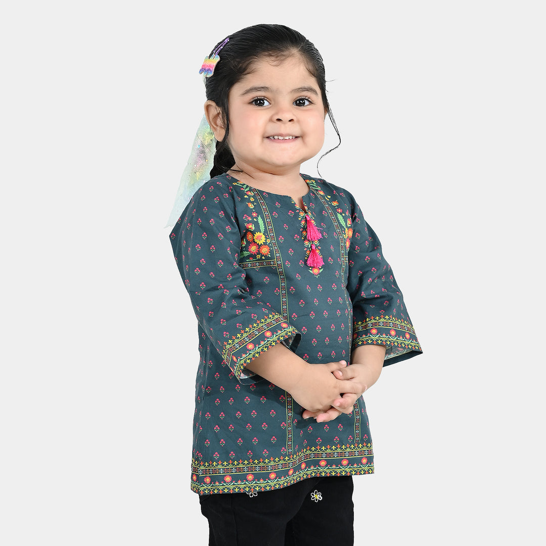 Infant Girls Cotton Printed Kurti Eira - Teal Blue