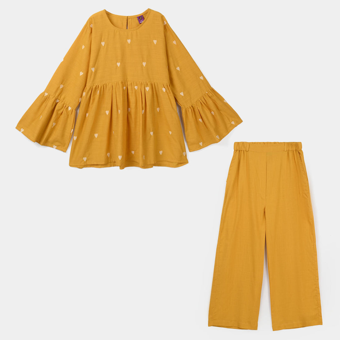 Teens Girls Cotton Slub Embroidered Co-Ord Set - Mustard